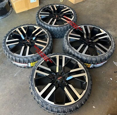 24” SIERRA YUKON BLACK MACHINE WHEELS TAHOE SILVERADO 33” MT Mud Tires TPMS - Image 1 of 2