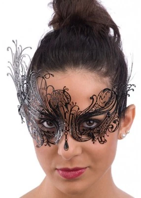 Black Swan Venetian Metal Masquerade Mask Filigree Diamante Crystal Masked Ball - Image 1 of 2