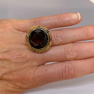 Anillo de cuarzo ahumado grande natural vintage chapado en oro en plata de ley, ¡informe de gemas! - Imagen 1 de 7