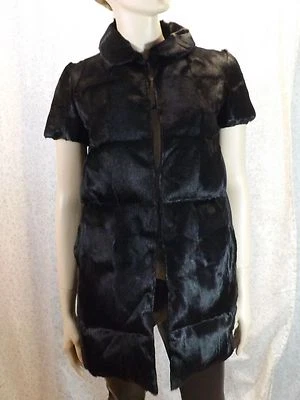 NUEVO CON ETIQUETAS CHALECO CHAQUETA LARGA PUFFER CIERRE GANCHOS PIEL CORTE CASTOR NEGRO PRADA 40 6 Foto 1 de 4