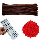 392pcs Brown Pipe Cleaners x 100 Red Pom Poms 12mm x 100 10mm Googly Eyes x 192
