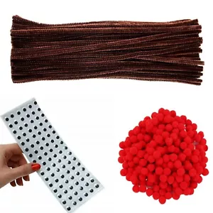 392pcs Brown Pipe Cleaners x 100 Red Pom Poms 12mm x 100 10mm Googly Eyes x 192 - Picture 1 of 7