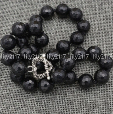 天然 12 毫米刻面圆形黑色玛瑙项链藏银爱情扣 18 英寸 — 第 1/3 张图片