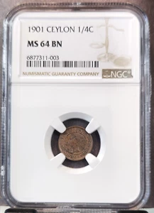 1901 CEYLON 1/4 CENT QUEEN VICTORIA NGC MS 64 BN BEAUTIFUL BU COIN - Picture 1 of 3
