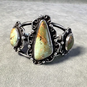Vintage Cuff Bracelet by R Roger Skeet Jr Green Turquoise Sterling Silver Navajo - Picture 1 of 14