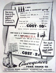 'CONVEYANCER' Fork-Lift Trucks Advert : Small 1951 Print - Picture 1 of 1