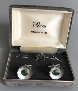 NEW Signed M Sterling  Genuine Jade Cufflinks & Lapel Pin /Tie Tack Men's Set - Picture 1 of 23