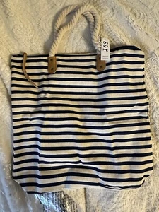 NWT Summer & Rose Nautical Tote Bag Blue/White Canvas Stripes Coastal Grandma - Picture 1 of 6