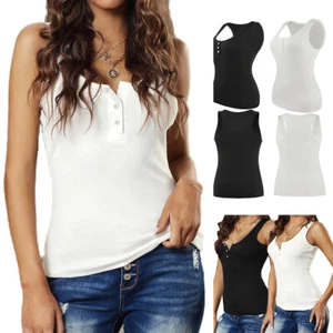 Women Sleeveless Ribbed Knit Button T Shirts Henley Solid Basic Summer Tops Tank - Picture 1 of 33