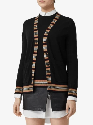 Nuevo sin etiquetas Burberry Cauca Icon Cárdigan a Rayas Negro Lana Merino Nova Check Suéter XS Foto 1 de 4