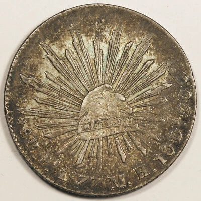 MEXICO Republic 1877 Pi MH 8 Reales Silver Coin XF+ "CAP AND RAYS" Nicely Toned - Image 1 of 2