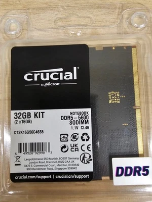 New Crucial 32GB (2x16GB) DDR5 5600MHz SO-DIMM Laptop RAM CL46 CT2K16G56C46S5 - Image 1 of 2