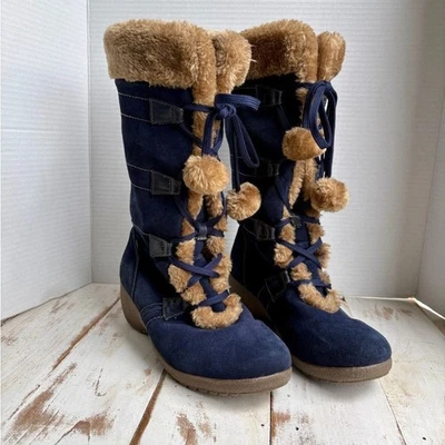 SPORTO Waterproof navy blue Suede boots faux Fur Pom poms winter tall 9.5 W EUC - Image 1 of 4