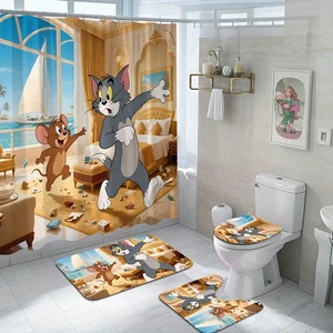 Juego de cortinas de ducha Tom y Jerry alfombra de inodoro dibujos animados hogar fiesta baño - Imagen 1 de 1