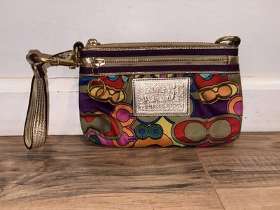 Vintage Coach Poppy Multicolor Graffiti Logo Wristlet Bag Metallic Purse Y2K - Image 1 of 2