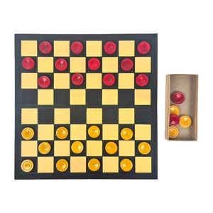 Vtg Checkerboard & Thick Bakelite Checkers Marbled Red & Yellow 29 Game Pieces - Picture 1 of 17