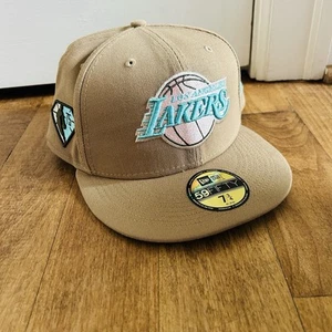 LA Lakers 7 3/4 Fitted Hat w/ Side Patch Brand New! Khaki Tan pink teal - Picture 1 of 7