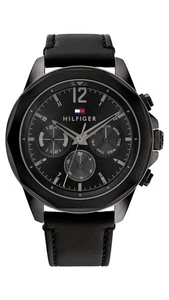 Tommy Hilfiger 1792062 Men's Black Leather Strap Multifunction Black Dial 46mm - Picture 1 of 4