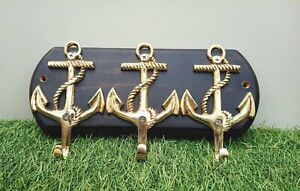 Set of 3 key Hook with Wooden Base antique Key Hook Nautical Anchor Coat Hook