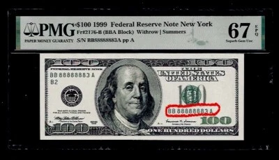 Near Solid S/NBB88888883A 1999 $100 Federal Reserve Note New York 67EPQ GEM - Image 1 of 2