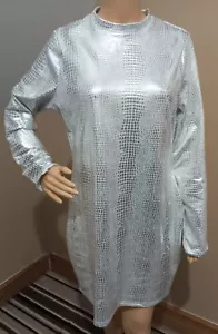 Nuovo mini abito da festa bodycon ecopelle pvc stampa pelle di serpente argento taglia 14 - Foto 1 di 3
