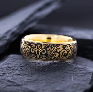 8mm Custom Deep Engraved Tungsten Ring with Victorian Style Floral Engravings - Picture 1 of 8