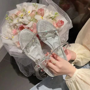 Pantuflas de cristal para mujer de verano para uso exterior chanclas plateadas con punta abierta - Imagen 1 de 13