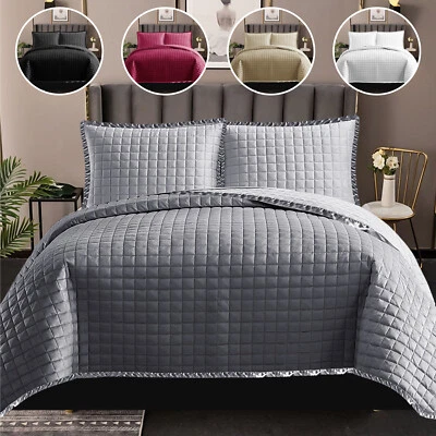 3 Piece Quilted Bedspread Bed Throw Single Double King Size Embossed Bedding Set - Image 1 of 4