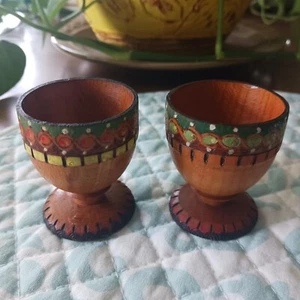 Pair of Handcrafted Bulgarian Wooden Egg Cups - Picture 1 of 9