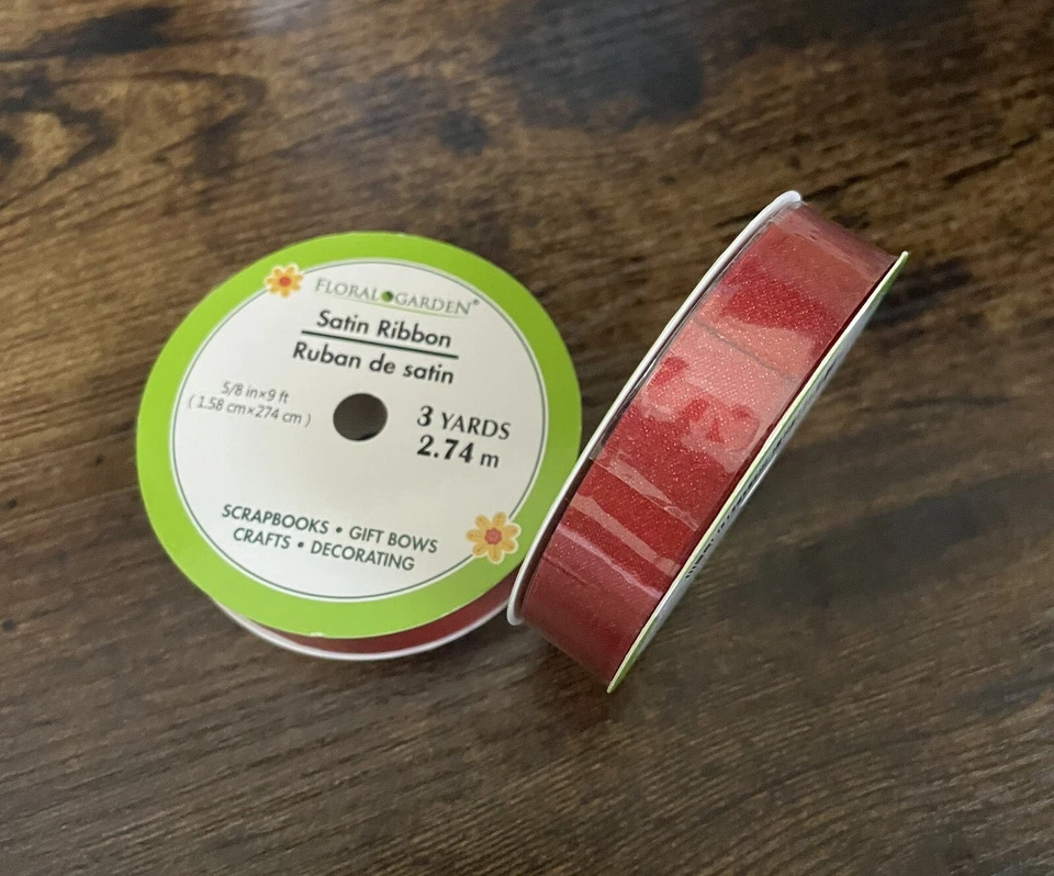 Lot of 2 Floral Garden Sparkly Red Satin Ribbon (5/8 in x 3 yd) - Image 1 of 1