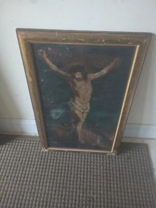 Antikes unsigniertes Gemälde Jesus/Inri Öl auf Leinwand restaurierungsbedürftig Intl Verkauf - Bild 1 von 2