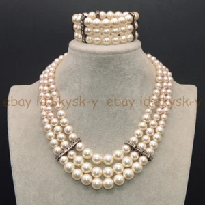 3 Rows Multicolor Shell Pearl Round Beads Layered Necklace Bracelet Jewelry Set - Picture 1 of 120