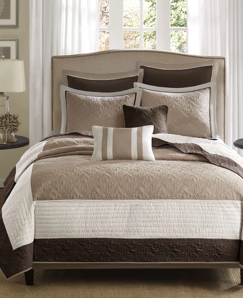 Madison Park King Attingham 7pc Quilted Coverlet Set Beige Fleur -de-lis