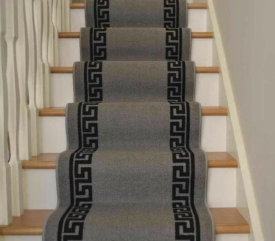 Grey Carpet Runner Mat Greek Key Bordered Wide Hall Stairs Non Slip Long  - Image 1 of 3