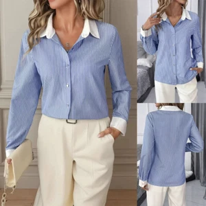 Ladies Work Long Sleeve Buttons Summer Lapel Striped Blouse Tops T Shirts SIZE - Picture 1 of 16