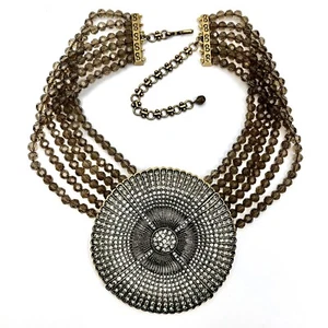Signed Heidi Daus 6 Strand Brown Bead Gold Amulet Crystal Accent Necklace - Picture 1 of 11