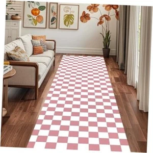 Washable Runner Rug Boho Runner Rug for Hallway with 2'x6' Check Pink - Picture 1 of 7