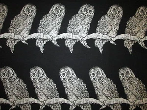OWLS METALLIC SILVER OWL BLACK COTTON FABRIC FQ - Picture 1 of 6