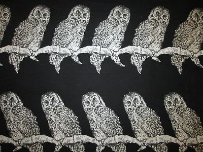 OWLS METALLIC SILVER OWL BLACK COTTON FABRIC FQ - Image 1 of 4