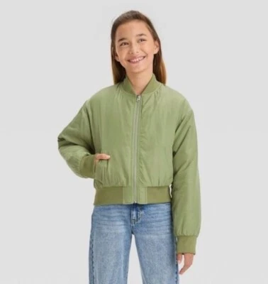 Girls' Cropped Bomber Jacket - art class Olive Green XXL (16-18) - Image 1 of 3