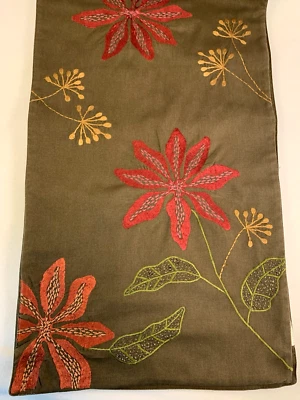 Crate & Barrel Table Runner Embroidered Kayla Red Coral Gold Brown 14X115 - Image 1 of 4