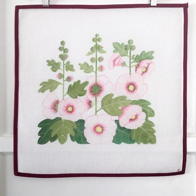 Handpainted Needlepoint Canvas Hollyhocks Flowers Pink Floral Leaves Bud 14 Mesh - Image 1 of 2