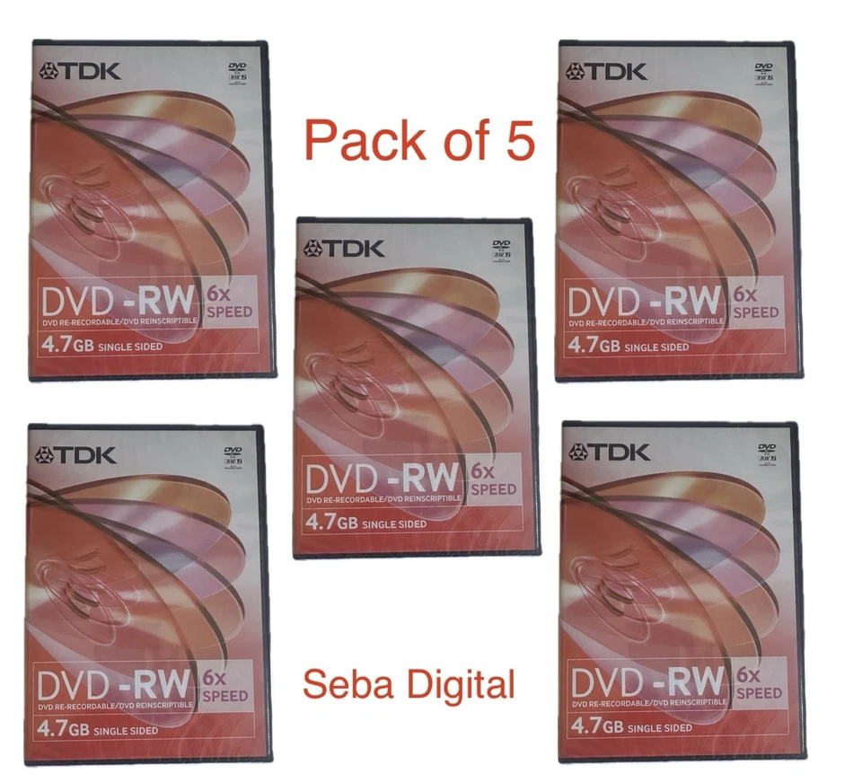 5 x TDK Blank DVD-RW discs 6x Speed 4.7GB 120 mins Rewritable In Video Case - Image 1 of 1