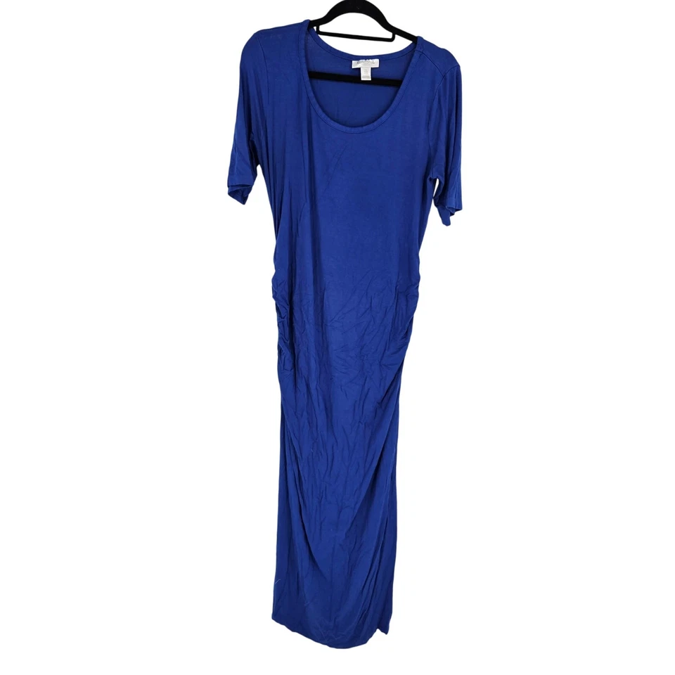 Motherhood Maternity Womens Sz L Maxi Dress Solid Blue Short Sleeve Knit - Image 1 of 4
