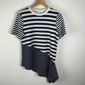COS T-Shirt Top Size Small Navy Blue Striped Asymmetrical Hem Short Sleeve - Picture 1 of 9