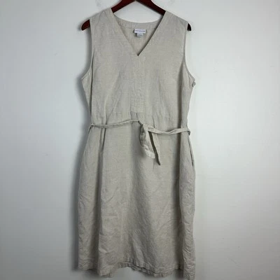 Vestido Liz Claiborne Mujer L Mezcla de Lino Sin Mangas Cinturón Beige Bolsillos Foto 1 de 4