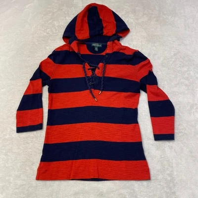 LAUREN JEANS CO Ralph Lauren Mujer Pullover a Rayas con Capucha Top Azul Marino Rojo Con Cordones Foto 1 de 4