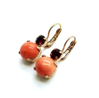 Pendientes Mariana Preciosos Coral Mineral y Rubí Cristales Swarovski Llama Ambro... Foto 1 de 3