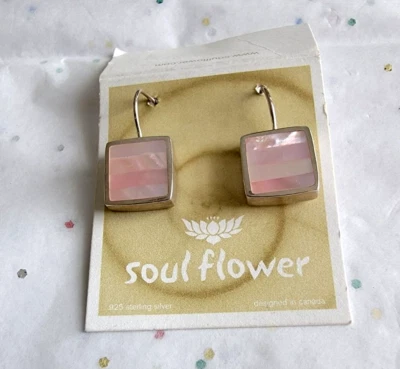 NEW PINK STRIPE MOP SHELL STERLING SILVER SQUARE SHAPE EARRINGS SOULFLOWER - Image 1 of 2