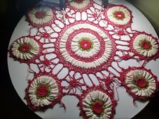  Vintage Hand Crocheted Doily, Round,White,Red,Green,Shabby Chic,Roses,Scalloped